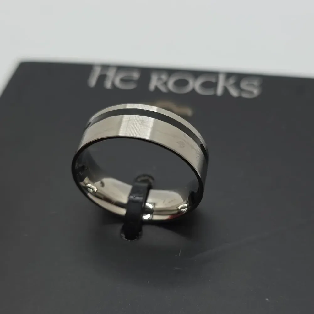 He Rocks Stainless Steel Men's Band Ring Silver Black Size 12